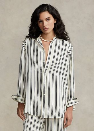 Siyah / Krem Kadın Ralph Lauren Büyük Boy Çizgili Saten Gömlekler