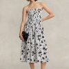 Siyah / Krem Kadın Ralph Lauren Çiçekli Keten Askısız Elbise