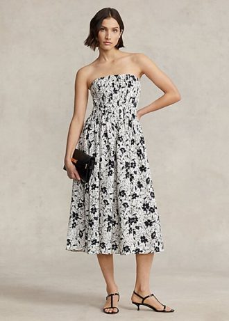 Siyah / Krem Kadın Ralph Lauren Çiçekli Keten Askısız Elbise