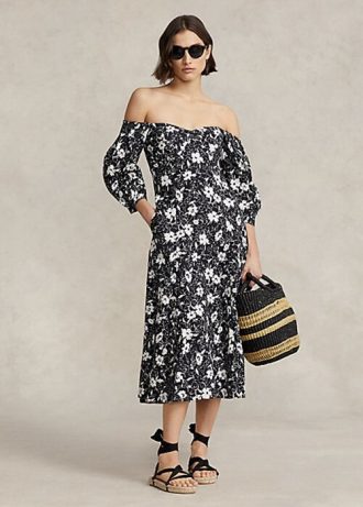 Siyah / Krem Kadın Ralph Lauren Çiçekli Omuzdan Açık Keten Elbise