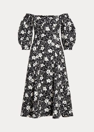 Siyah / Krem Kadın Ralph Lauren Çiçekli Omuzdan Açık Keten Elbise