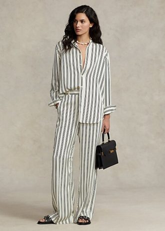 Siyah / Krem Kadın Ralph Lauren Çizgili Saten Geniş Paça Pantolon