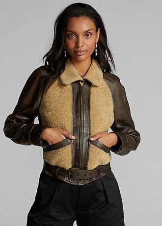 Siyah / Krem Kadın Ralph Lauren Shearling Panelli Deri Ceketler
