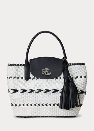 Siyah/Pamuk Beyaz Kadın Ralph Lauren Geo-Motif Dokuma Deri Büyük Perri Tote Çantalar