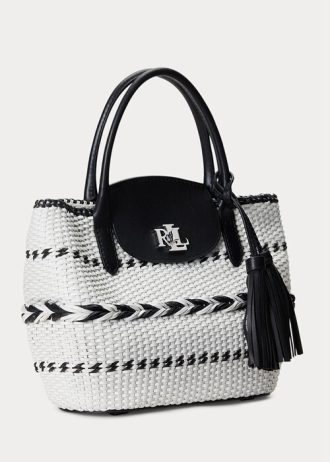 Siyah/Pamuk Beyaz Kadın Ralph Lauren Geo-Motif Dokuma Deri Büyük Perri Tote Çantalar