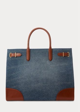 Sunset Indigo Wash/Lauren Kadın Ralph Lauren Deri Kenarlı Kot Büyük Devyn Tote Çantalar