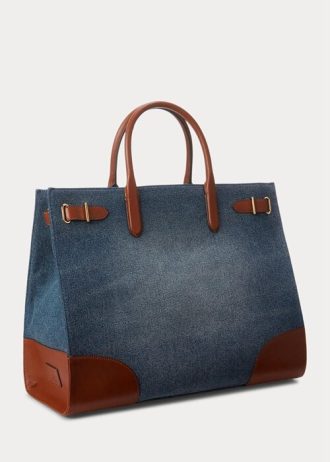 Sunset Indigo Wash/Lauren Kadın Ralph Lauren Deri Kenarlı Kot Büyük Devyn Tote Çantalar