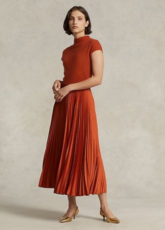 Turuncu Kadın Ralph Lauren Hibrit Pileli Balıkçı Yaka Elbise
