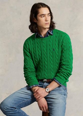 Yeşil Erkek Ralph Lauren Kablo Örgülü Pamuklu Kazak