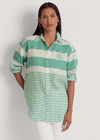 Yeşil Kadın Ralph Lauren Çizgili Büyük Boy Keten Gömlekler