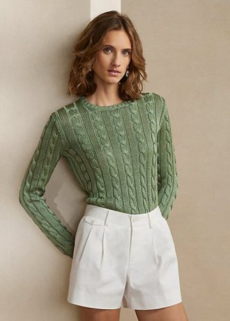 Yeşil Kadın Ralph Lauren Kablo Örgü İpek Yuvarlak Yaka Kazaklar