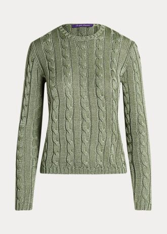 Yeşil Kadın Ralph Lauren Kablo Örgü İpek Yuvarlak Yaka Kazaklar
